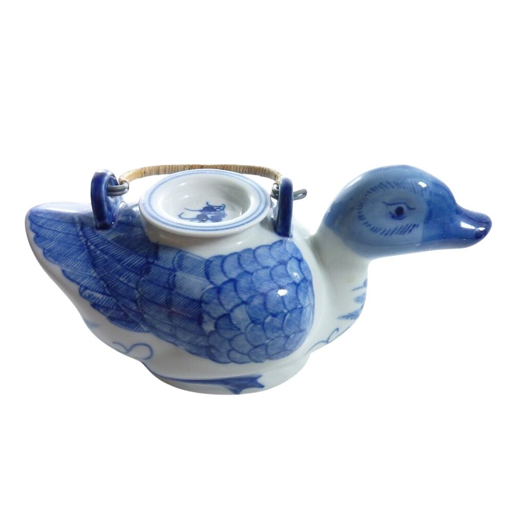 Vintage Chinoiserie Duck Teapot Blue White Ceramic Figural Tea Pot Rattan Handle